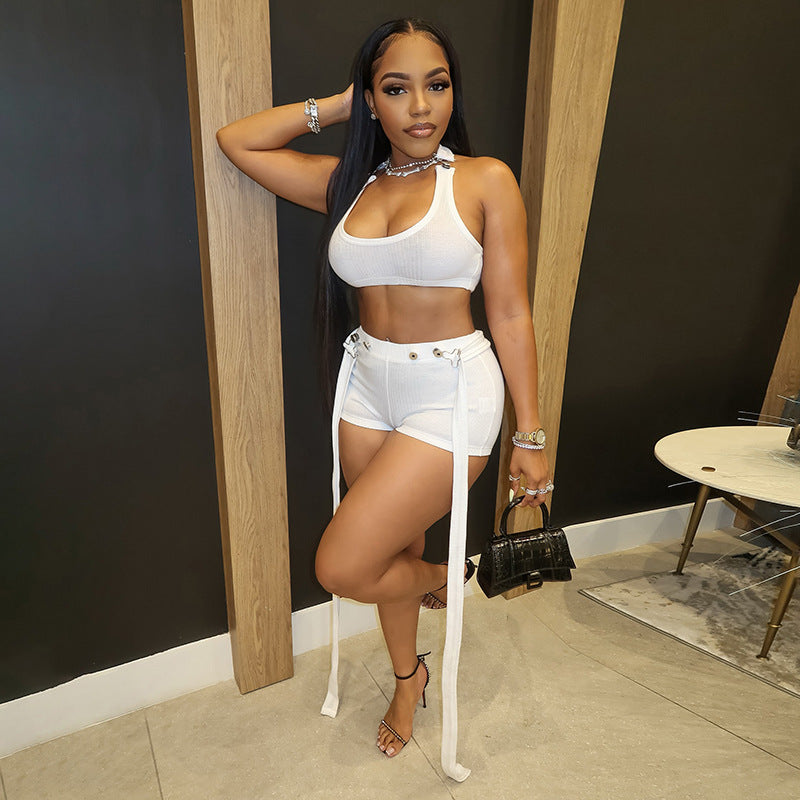 Women's Spring-Summer Ribbed Halter Buckle Vest with Loose Ribbon Shorts Set