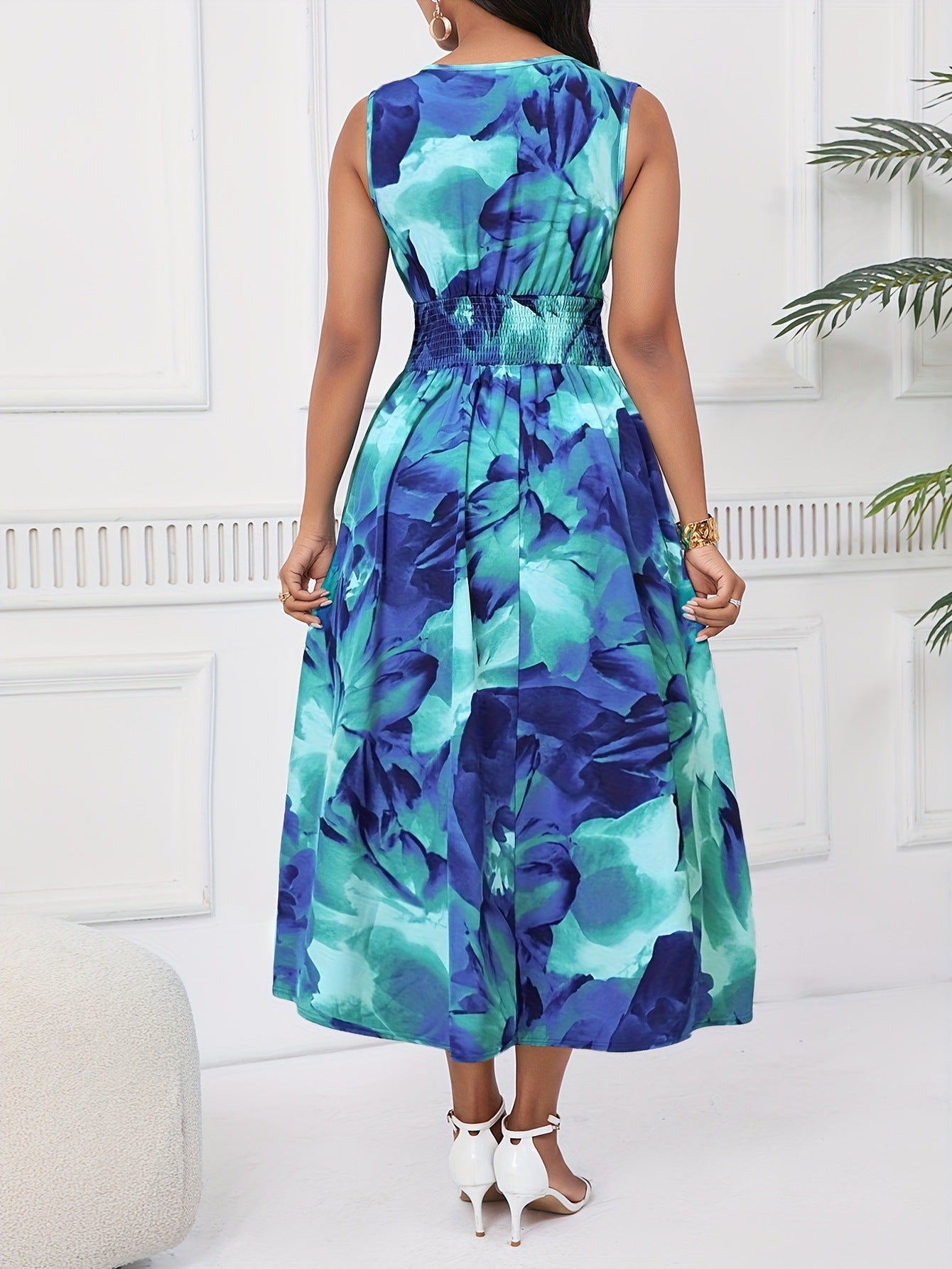 Women Summer Elegant V-neck Petal Print Dress 5