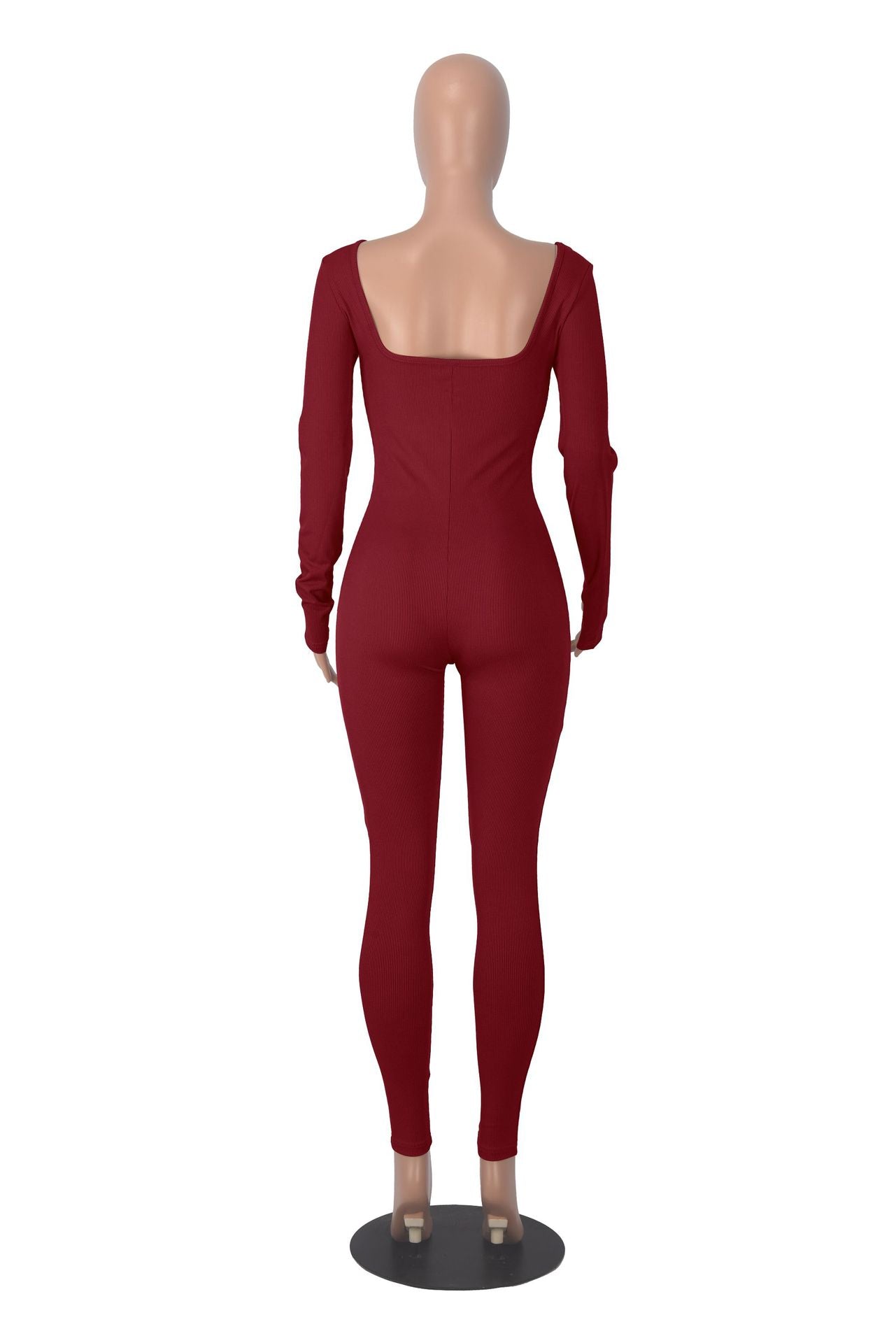 Women's Solid Color Long Sleeve Ribbed Square Neck Low Back Slim Fit Jumpsuit 28
