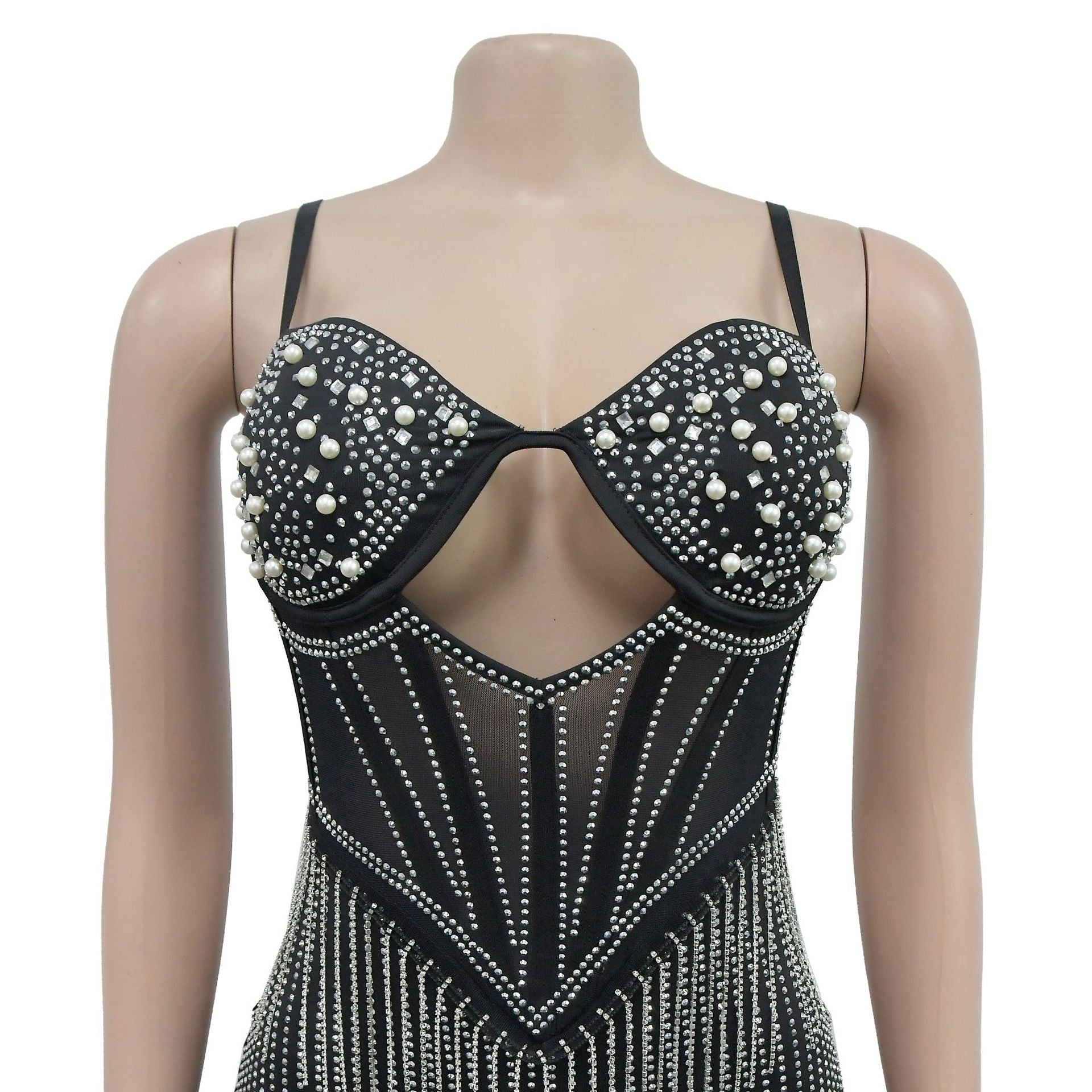 Fashionable Women's Solid Color Mesh Beaded Suspender Skirt Dress 21