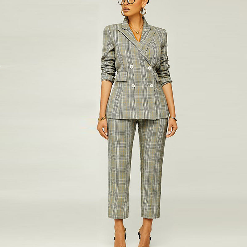 Women Spring Plaid Professional Blazer and Pant Two-Piece Set 3