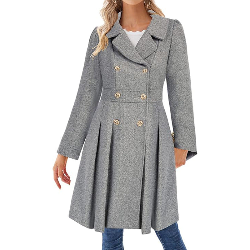 Women Fall and Winter Turndown Collar Double-Breasted Pocket Windbreaker 8