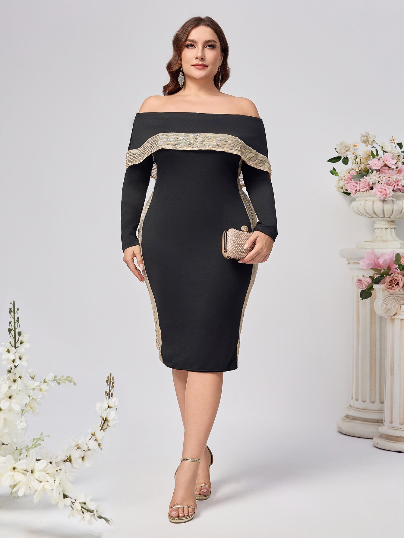 Plus Size Women's Fashion Chic Elegant Off-Shoulder Sequin Long-Sleeve Bodycon Dress 5