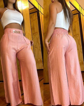 Women Solid High Waist Loose Wide Leg Bell Bottom Pants 14