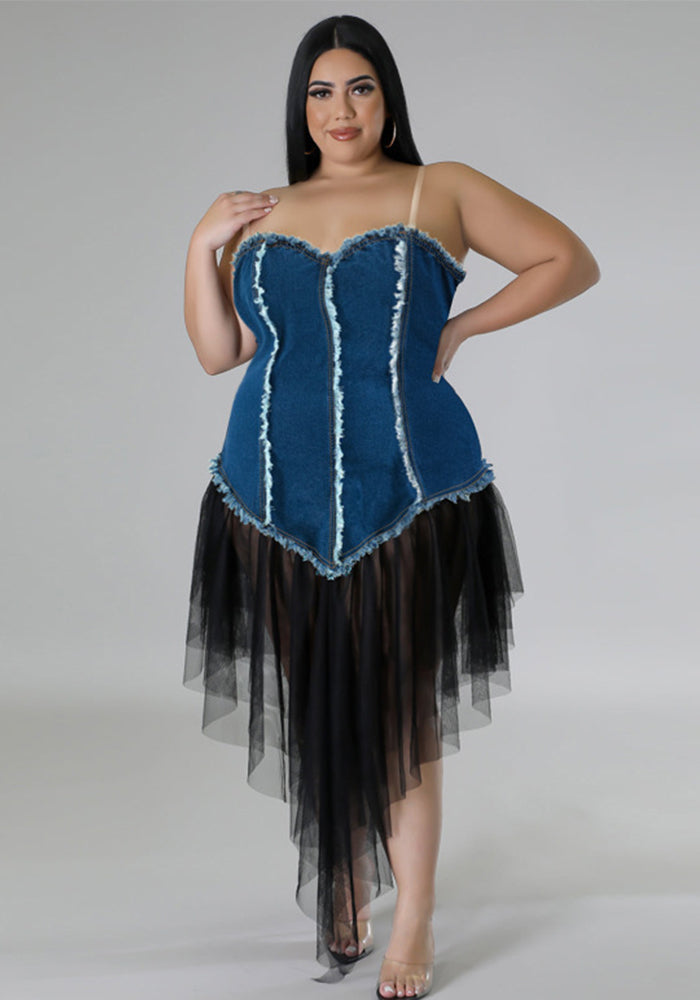 Plus Size Women Suspender Off Shoulder Denim Patchwork Mesh Dress