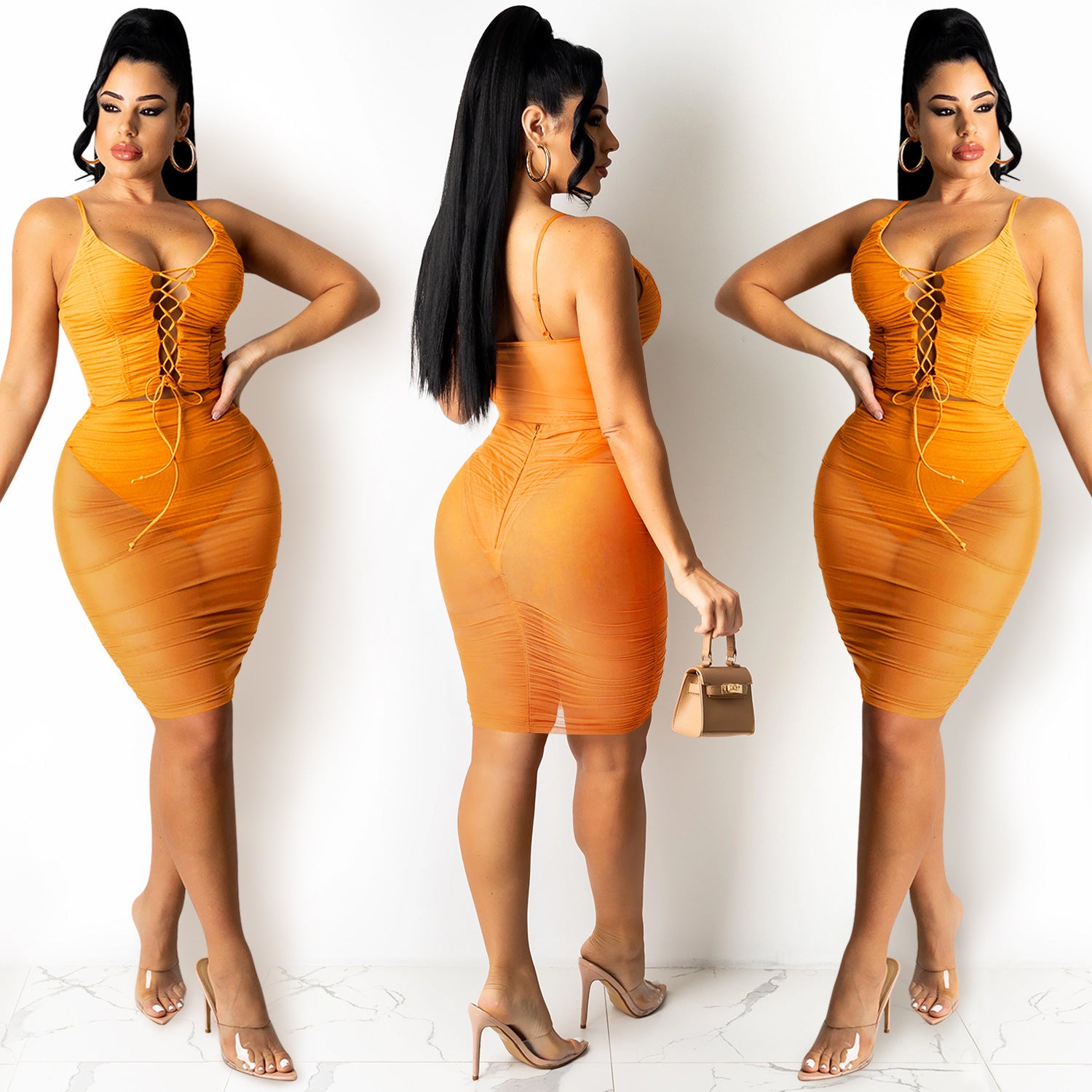 Women knitting suspender Solid Lace-Up Pleated drawstring Top and Skirt Two Piece Set