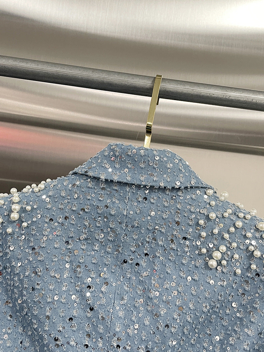 Women Sexy Open Waist Beaded Long Sleeve Blazer Dress 5