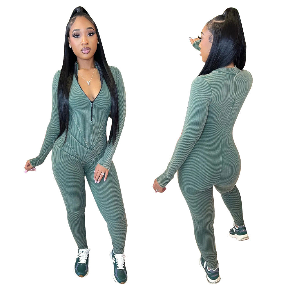 Women's Ribbed Printed Sexy V-Neck Tight Fitting Zipper Jumpsuit 3