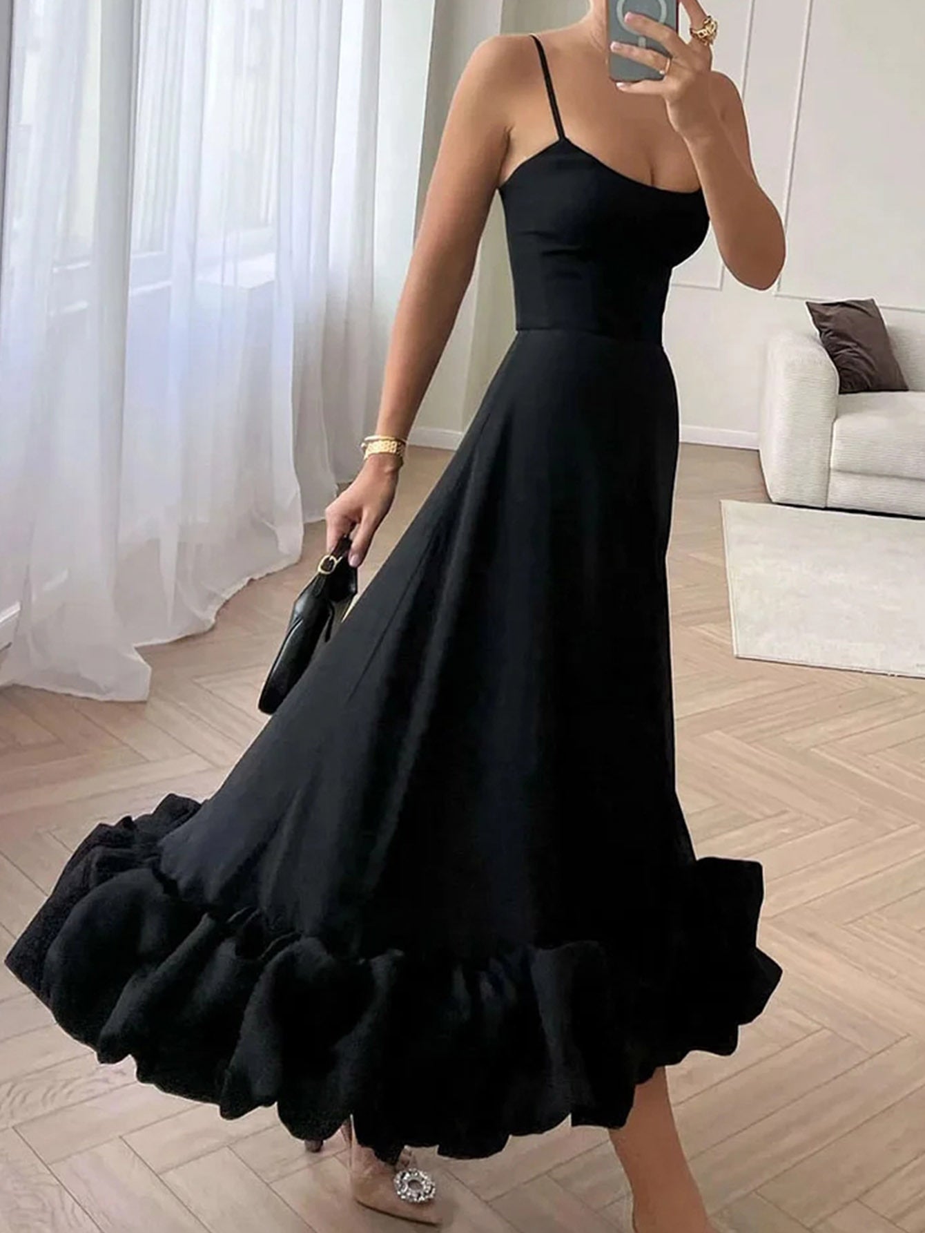 Women's Fashion Sexy Strap Solid Color Ball Long  Evening Dress 5
