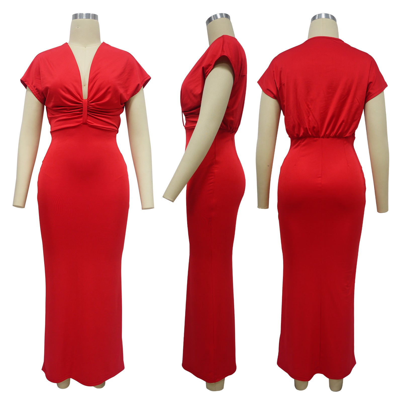 Fashionable Women's V-Neck Short-Sleeved Chic Slim-Fitting Back Slit Dress 15