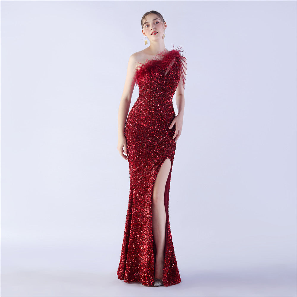 Sexy Feather Sequins Slash Shoulder Side Slit Evening Dress 15