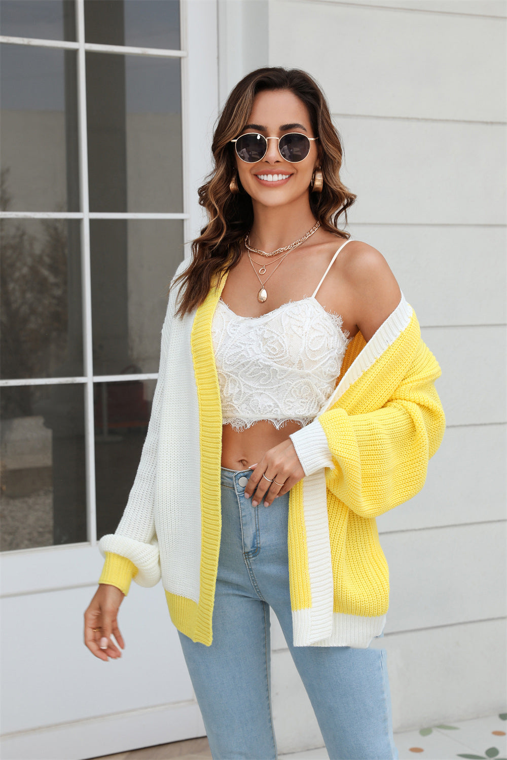 Plus Size Women Loose Patchwork Colorblock Knitting Cardigan Sweater 6