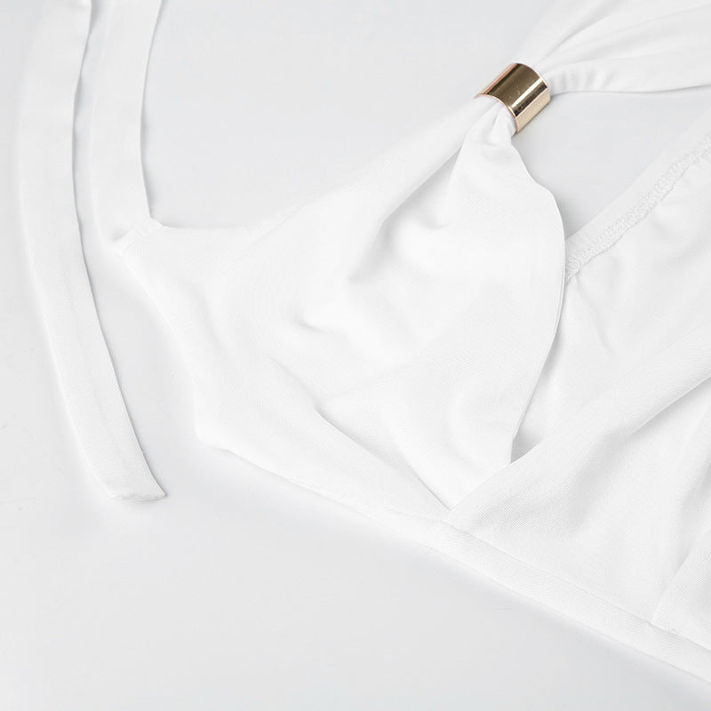 Summer sexy women Holidays metal Patchwork hollow Halter Neck slim short dress 14