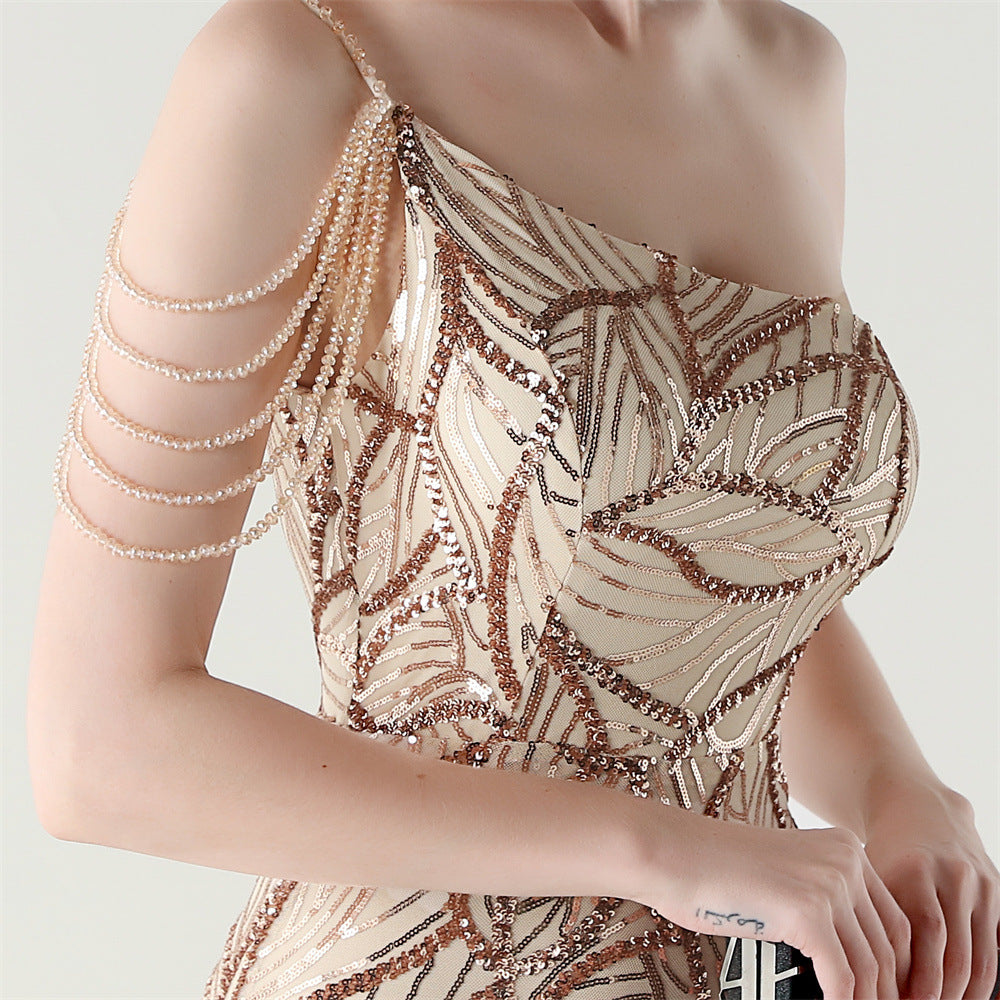 Women One Shoulder Beaded Sequin Embroidery Formal Party Prom Wedding Evening Dress 70