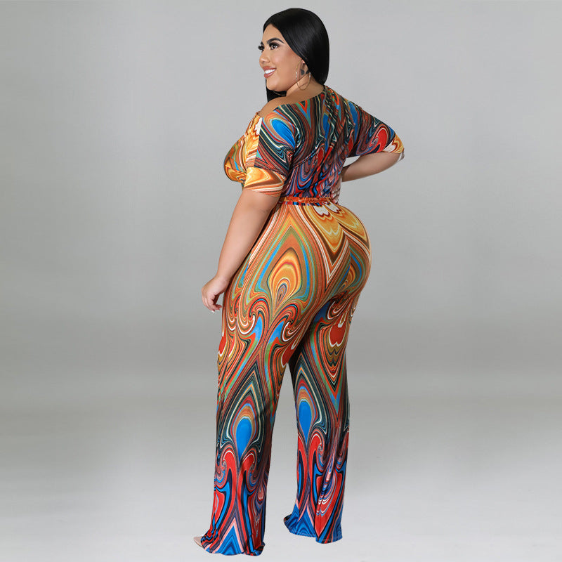 Plus Size Women's Summer Slash Shoulder Print Short Sleeve Wide Leg Jumpsuit 5
