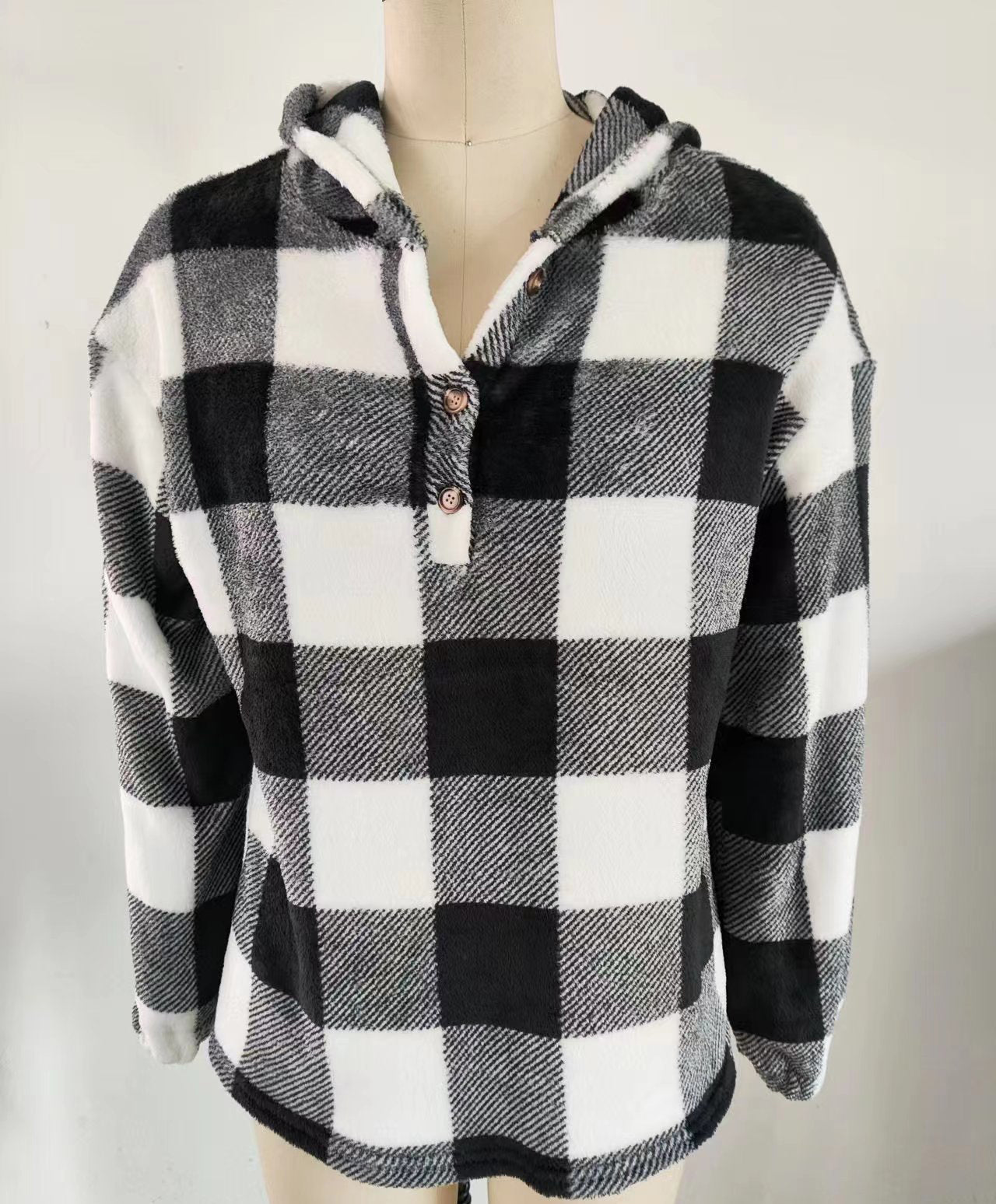 Autumn And Winter Plaid Button Hooded Loose Casual Hoodies Women's Clothing 7