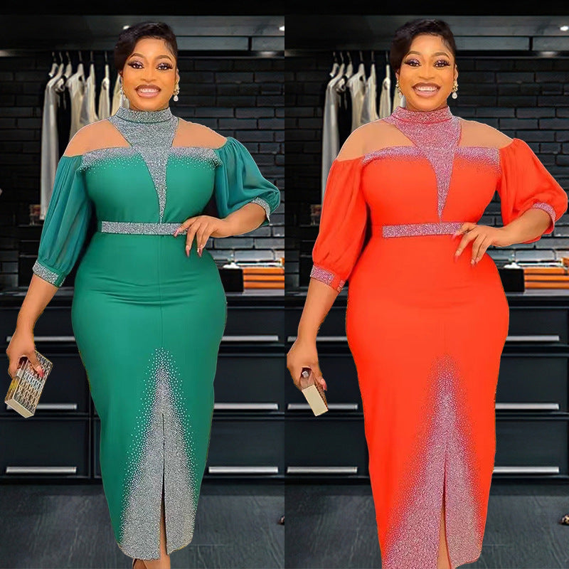 African Plus-Size Elegant Chic Beaded Patchwork Slit Bodycon Dress 10