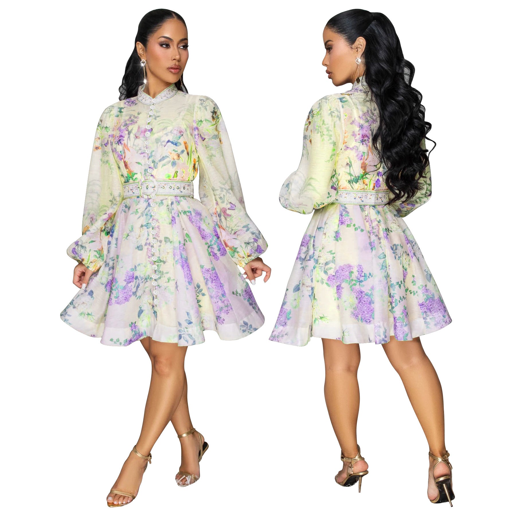 Women Printed Lantern Sleeve Buttoned Dress with Belt 4