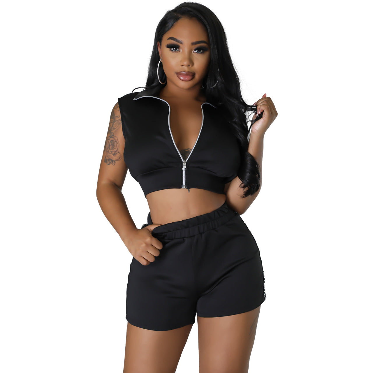 Women's Fashion Casual Open Waist Zippered Two-Piece Shorts Set Women's Clothing 7