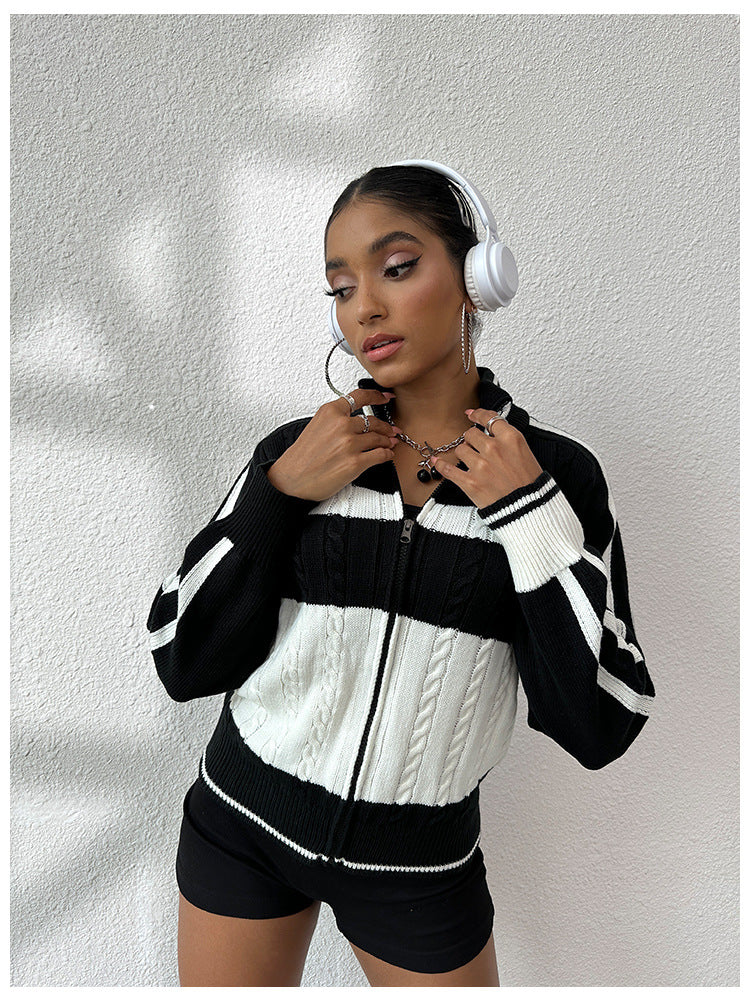 Women autumn and winter sports Casual black and white striped long sleeve sweater 3
