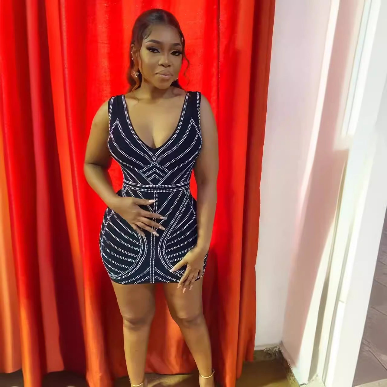 Women sexy beaded v-neck bodycon stretch dress 5