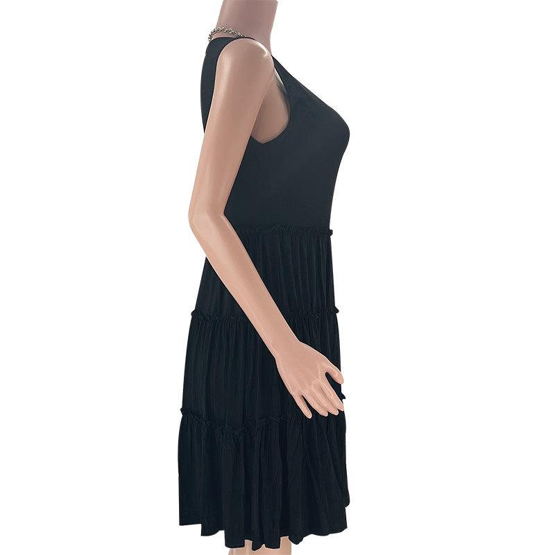 Summer Solid Round Neck Sleeveless Casual Women's Fashion Pleated Casual Dress 30