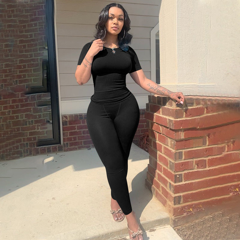 Women Sexy Solid Short Sleeve Top and Pant Two-piece Set