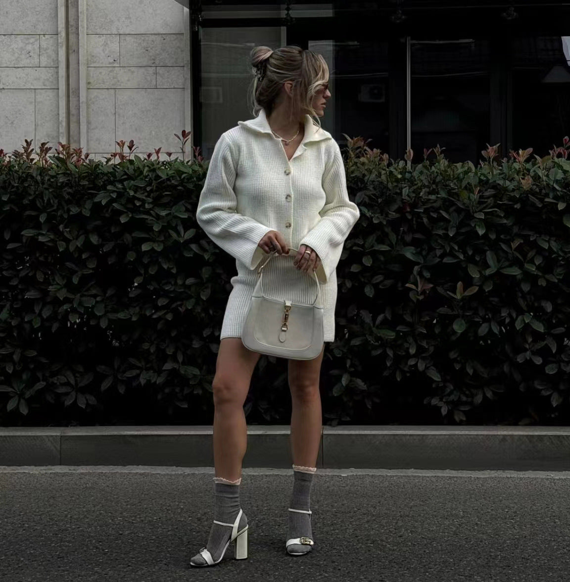 Autumn And Winter Fashionable Turndown Collar Bell Bottom Sleeve Cardigan Short Skirt Woolen Two Piece Set 4