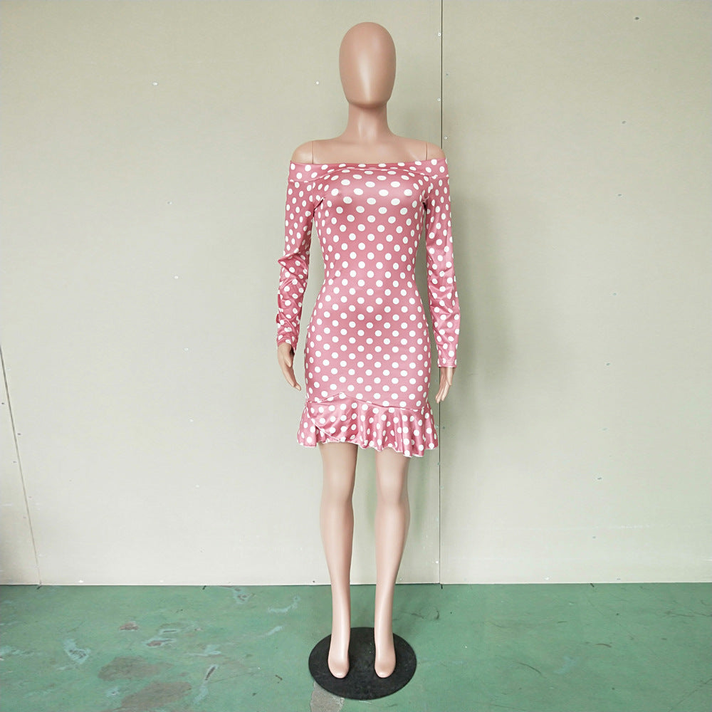 Women Sexy Off-Shoulder Polka Dot Print Ruffle Hem Dress 6