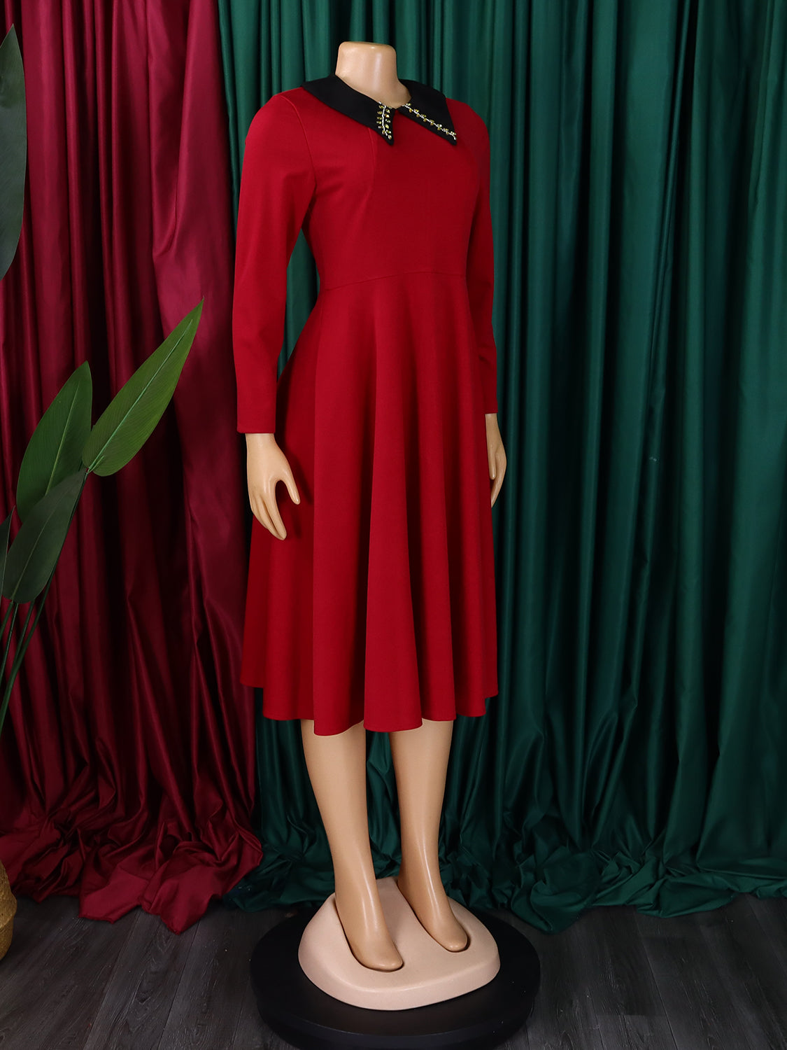 African Women Solid Long Sleeve Turndown Collar Elegant Dress 21