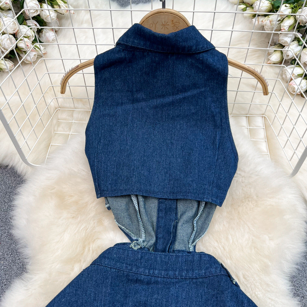 Women Vintage Turndown Collar Cut Out Sleeveless Denim Dress 23