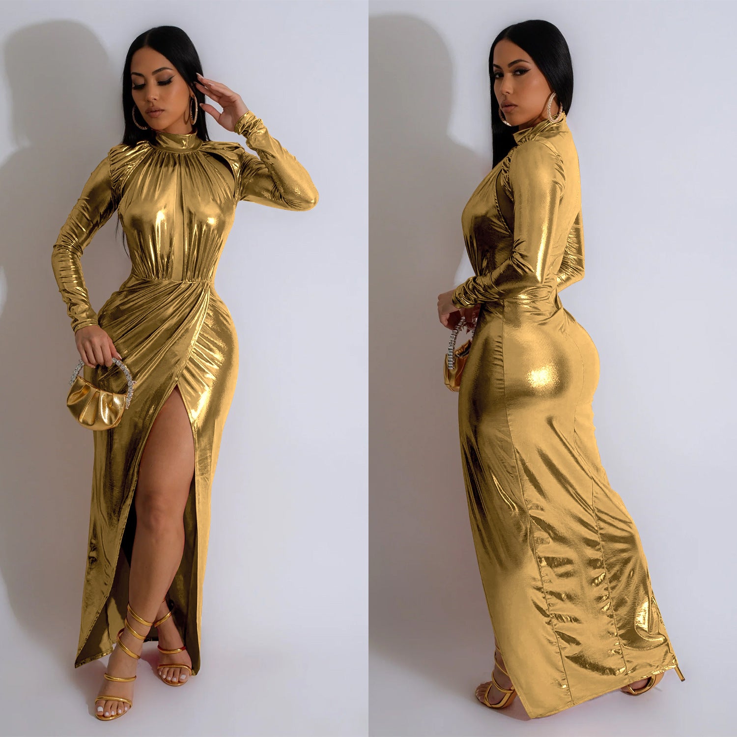 Women Solid Shiny Long Sleeve Pleated Maxi Dress 4