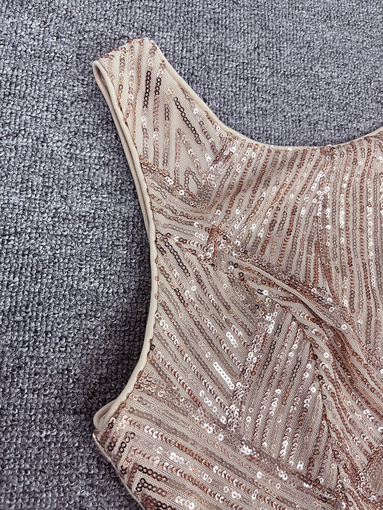 Women's Sleeveless Round Neck Luxury Rose Gold Party Dress Mermaid Glitter Long Plus Size Evening Gown 16