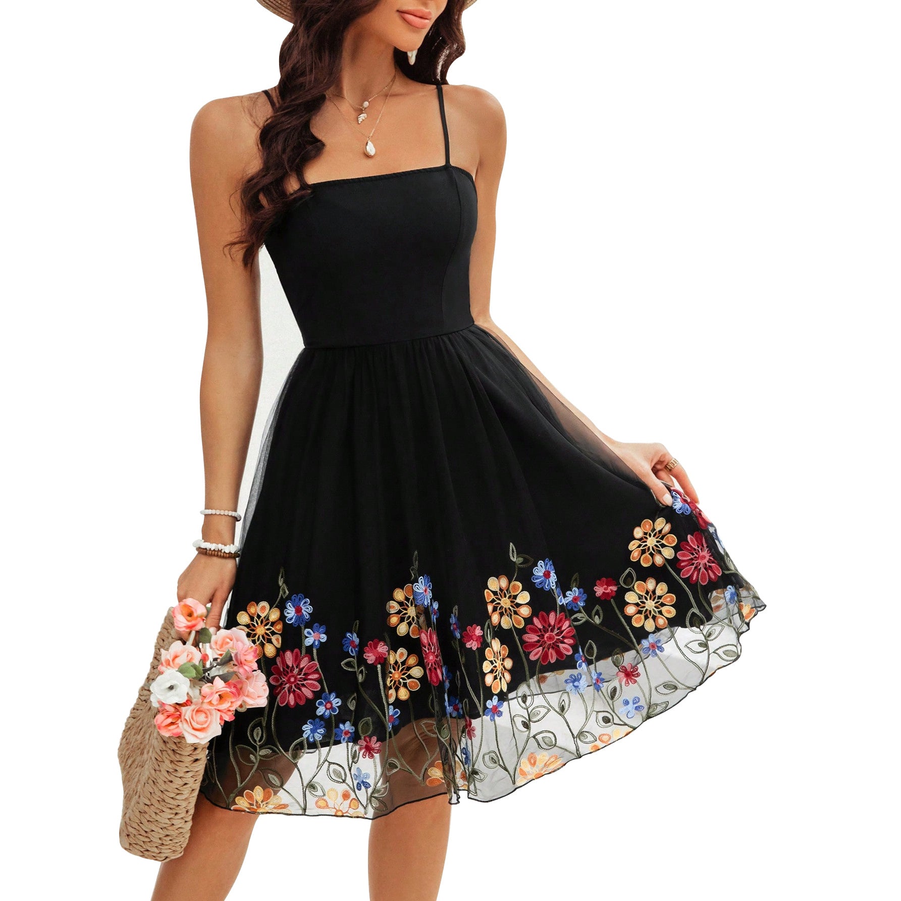 Women Elegant Solid Mesh Embroidered Dress 6