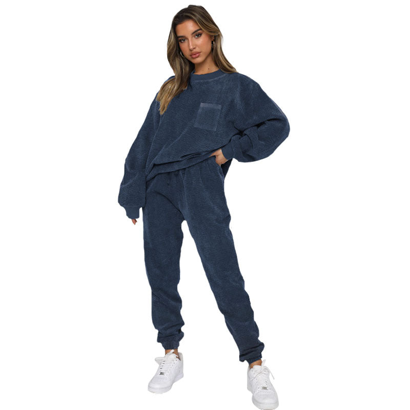corduroy solid color Round Neck pullover long-sleeved two-piece fashion trouser suit women 16