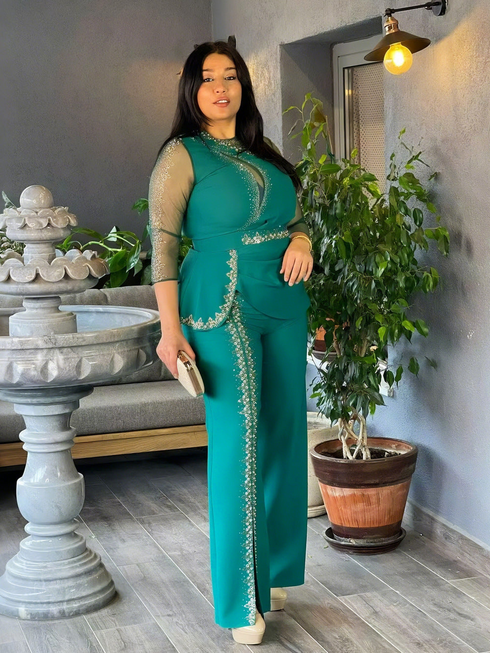 Plus Size African Women Style Women Long Sleeve Top + Long Pants Two-Piece Set