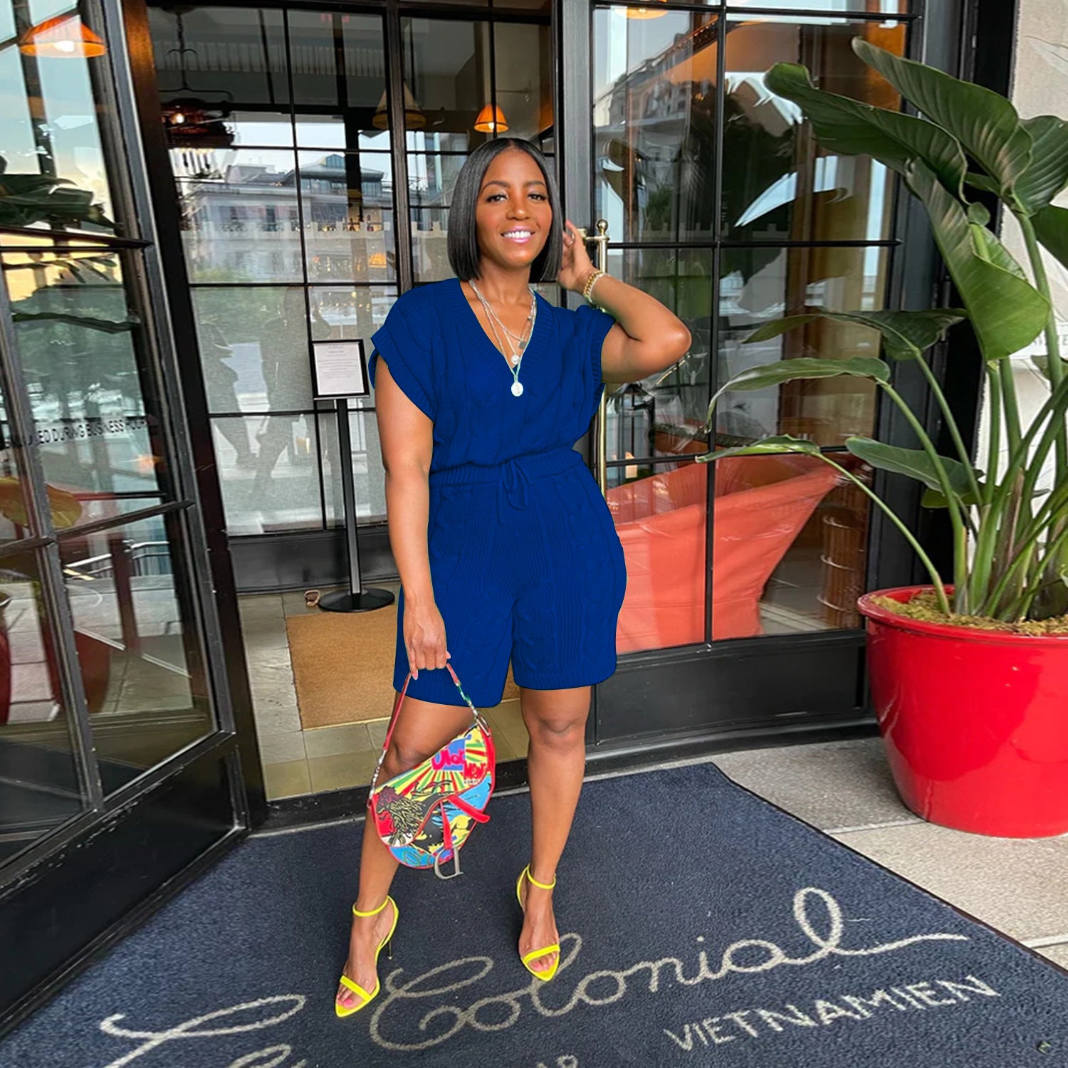 Sexy Solid Deep V Neck Sleeveless Loose Sweater Slim Shorts Two Piece Set 3