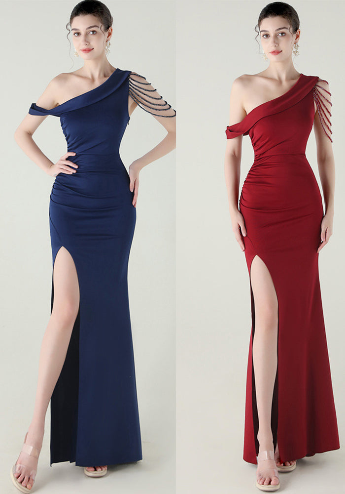 Women beaded one-shoulder satin fishtail pleated evening dress