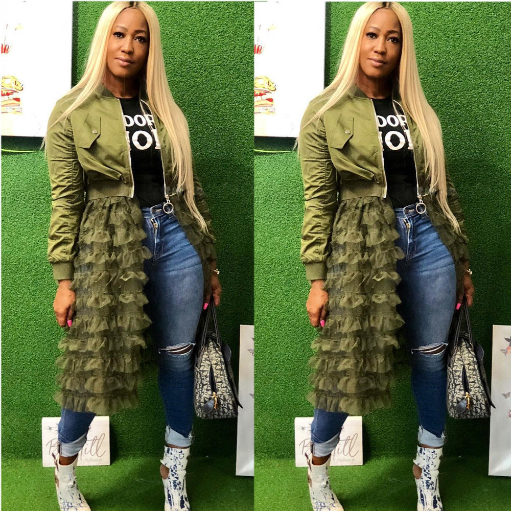 Fashionable Zipper Solid Color Mesh Lace Patchwork Jacket Coat 9