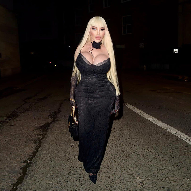 Women Autumn Sexy Suspender Lace Bodycon Dress 4