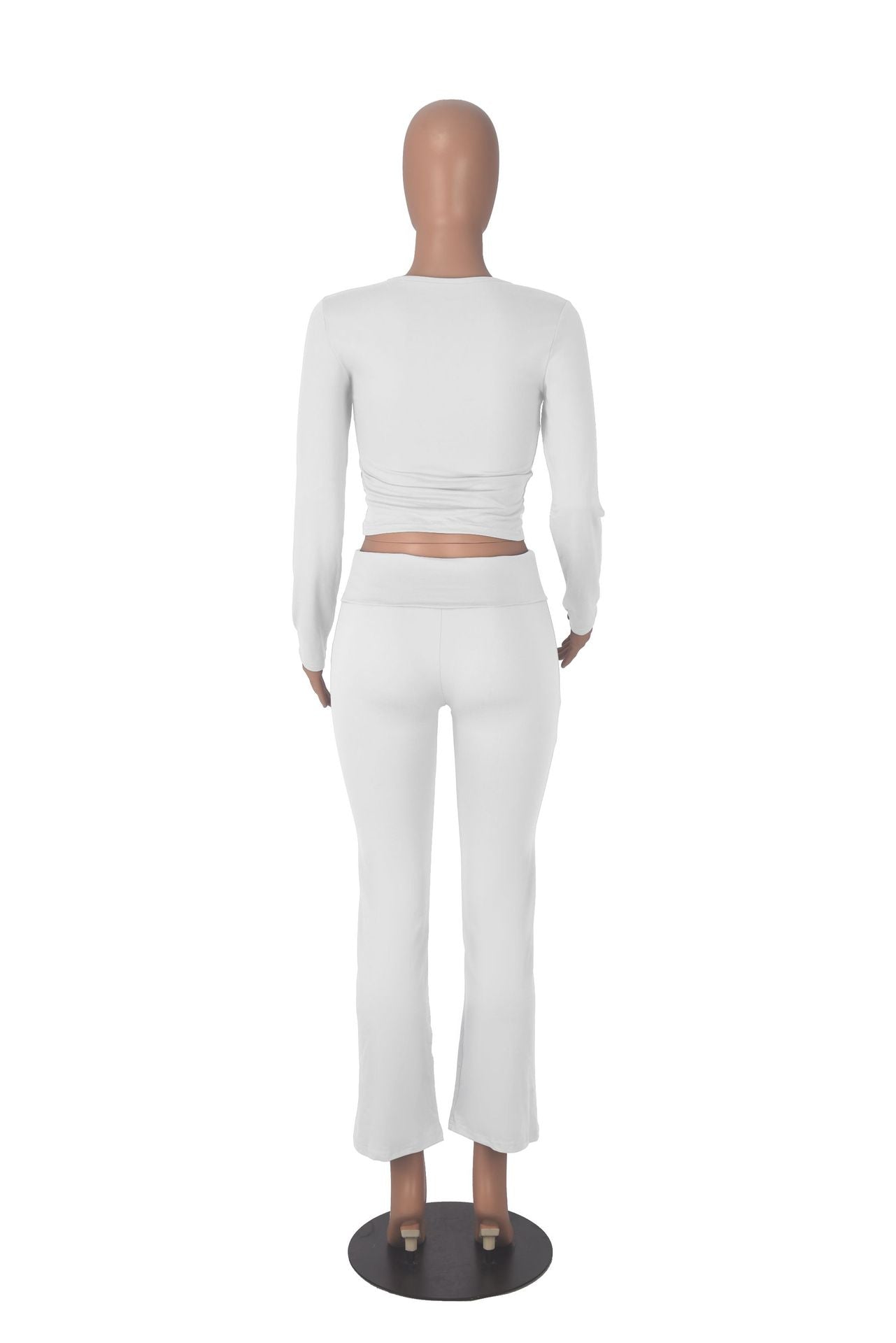 Women long sleeve round neck top and bell bottom pant two-piece set 19