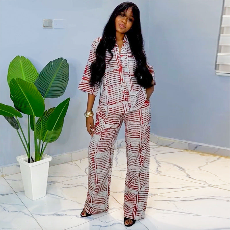 Women's Summer Printed Three-Quarter Sleeve Shirt & Loose Top Trousers Set 3