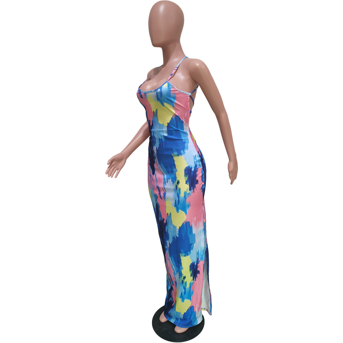 Women's Tie Dye Print Sling Low Back Slit Dress 22