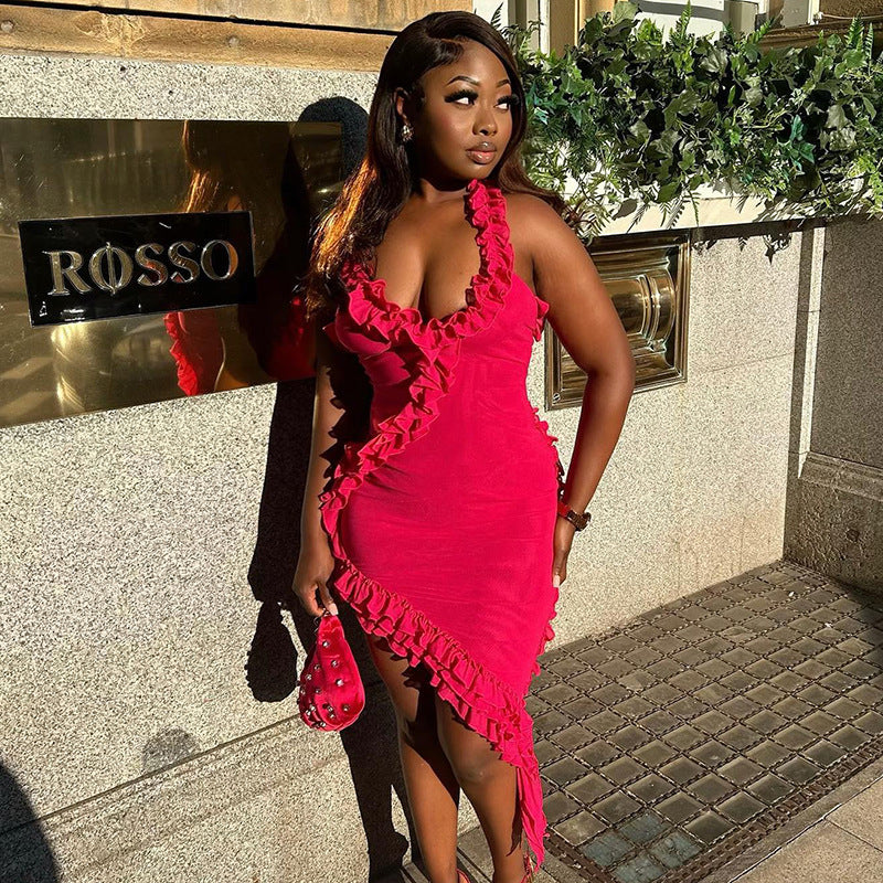 Summer V-neck Sexy Backless Ruffle Strap Dress 3