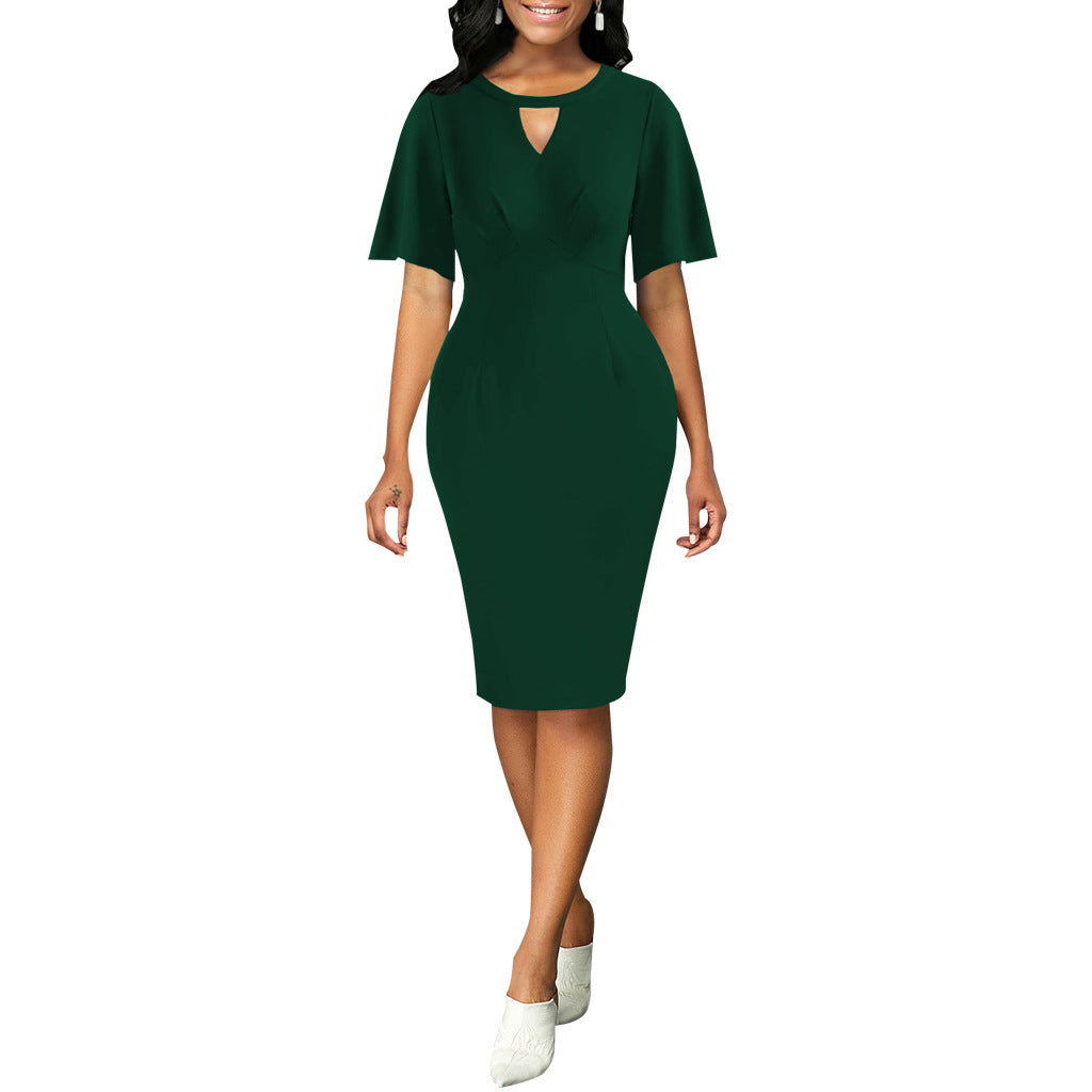 Women Sexy Solid Round Neck Short Sleeve Dress 7