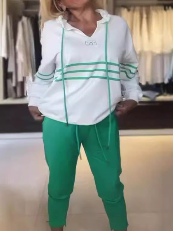 Autumn Fashion Color Matching Hooded Long-Sleeved Hoodies Casual Pants Sports Two-Piece Set For Women