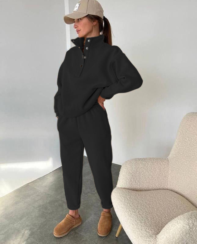 Spring And Autumn Women's Fashion Button Stand Collar Top Loose Pants Two Piece Set 3