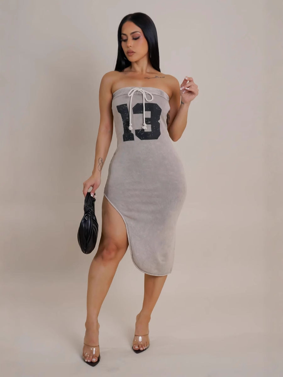 Women Summer Irregular Print Strapless Dress 5