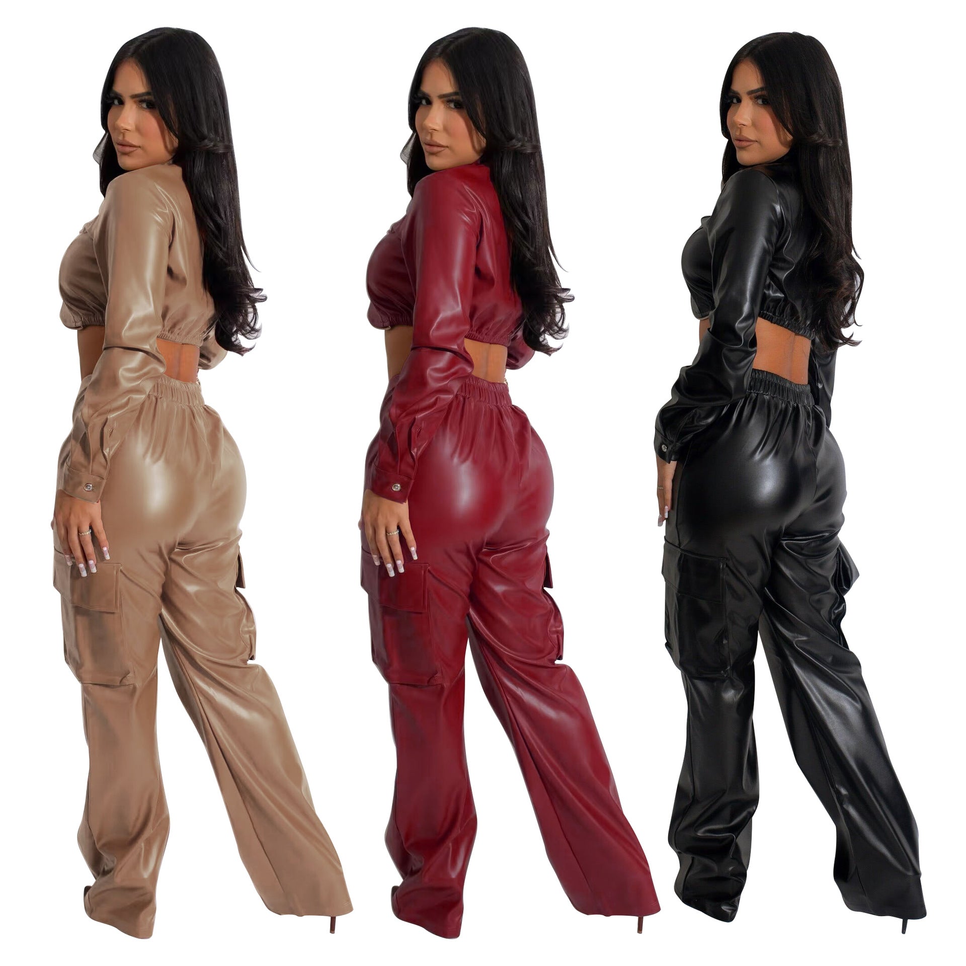 Women's Autumn And Winter Pu Leather Zipper Top Pants Sexy Two-Piece Set 4
