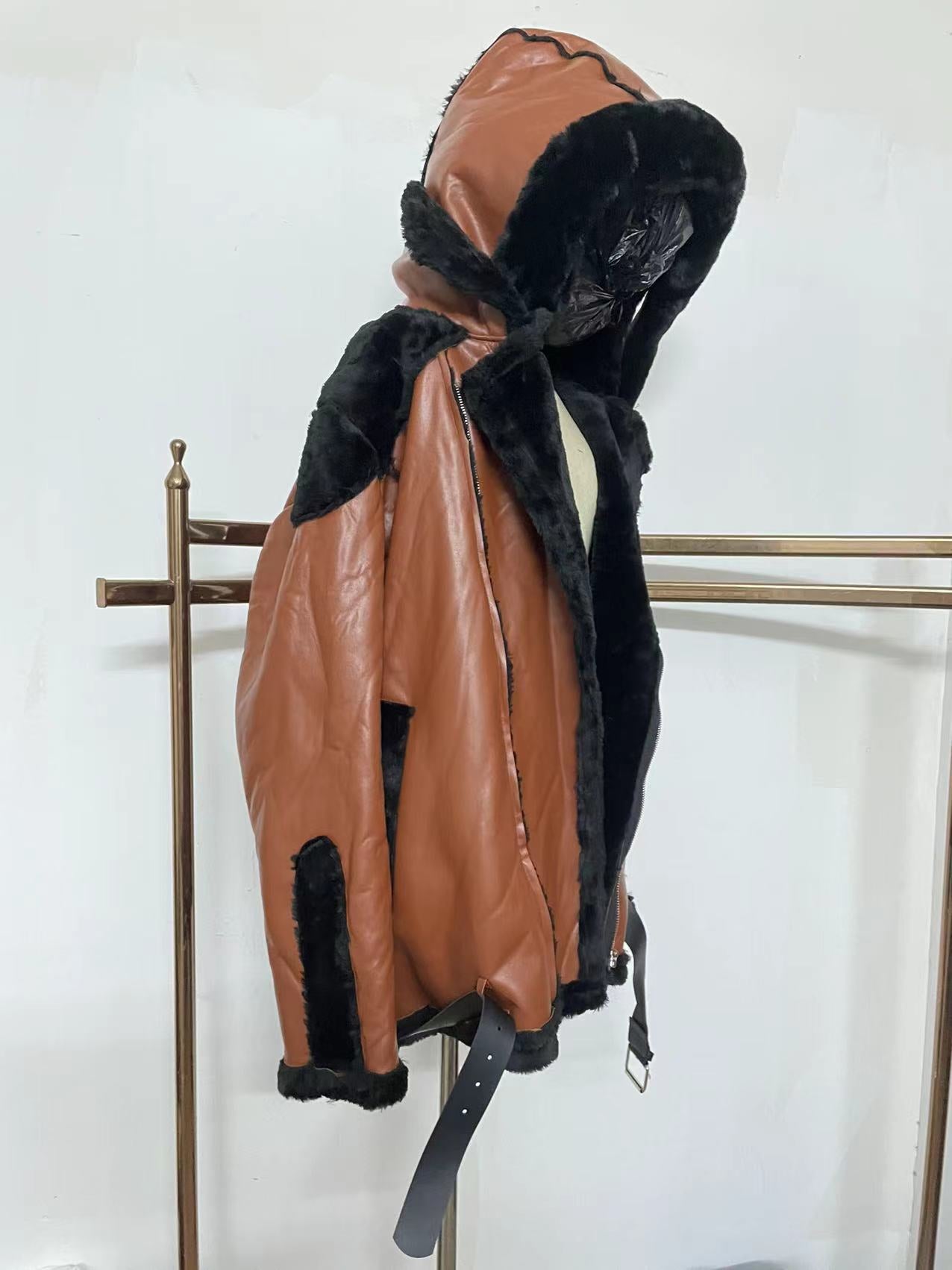 Winter Men'S Pu Leather Wool One-Piece Short Coat Hooded Men'S Jacket 12